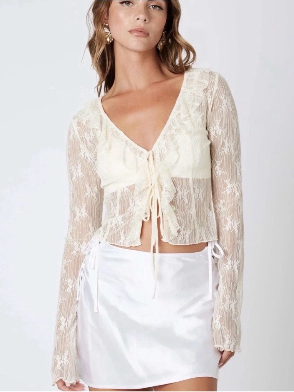 Thirty Thirty LA Coquette Fairycore Lace Ruffle Front Bell Sleeve Cardigan Sz M